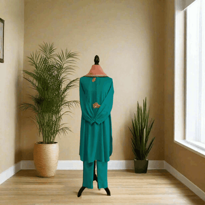 Emerald Raiment Three Piece Suits Garden Dew Set - bf-discount-50 embroidered floral green karandi kurti spring three piece tunic & pant set Winter '23 PK Collection