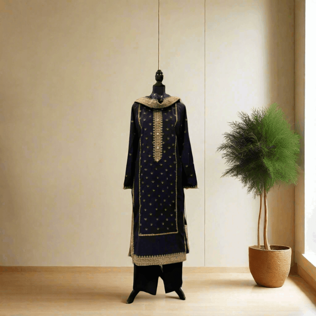 Emerald Raiment Three Piece Suits Navy Charm Tilla Embroidered Set - bf-discount-50 embroidered karandi navy three piece tilla Winter '23 PK Collection