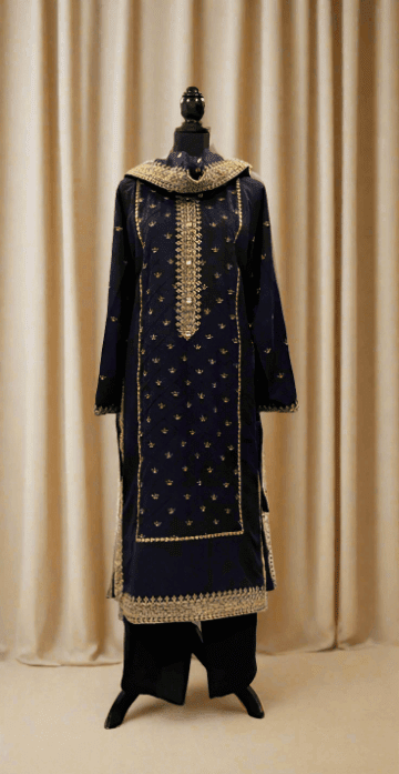 Emerald Raiment Three Piece Suits Navy Charm Tilla Embroidered Set - bf-discount-50 embroidered karandi navy three piece tilla Winter '23 PK Collection