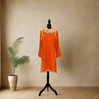 Emerald Raiment Tunic Orange Crumpled Citrus Kurti Set - bf-discount-50 cream embroidered fall karandi kurti orange spring summer tunic Winter '23 PK Collection