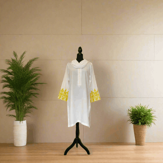 Emerald Raiment Tunic Lemon Yellow Embroidered Tunic - bf-discount-50 karandi khadi kurti lemon spring summer three piece tilla tunic white Winter '23 PK Collection