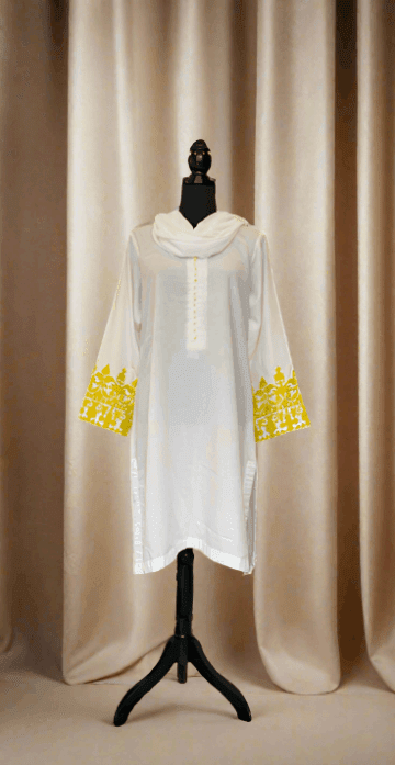 Emerald Raiment Tunic Lemon Yellow Embroidered Tunic - bf-discount-50 karandi khadi kurti lemon spring summer three piece tilla tunic white Winter '23 PK Collection